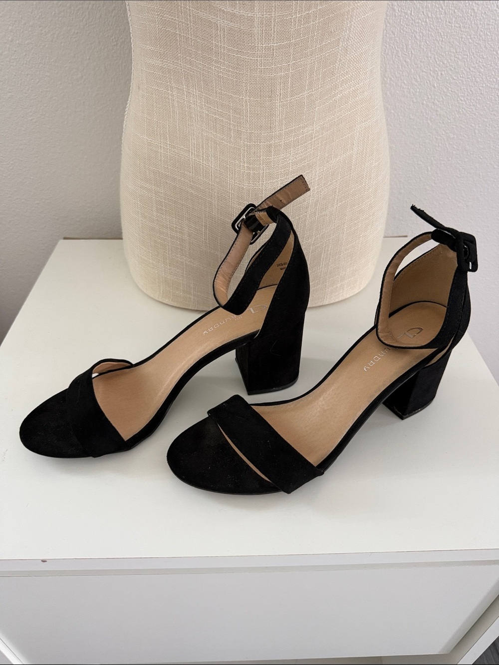 CL by Laundry Black Suede Open-Toe Ankle Strap Block Heels